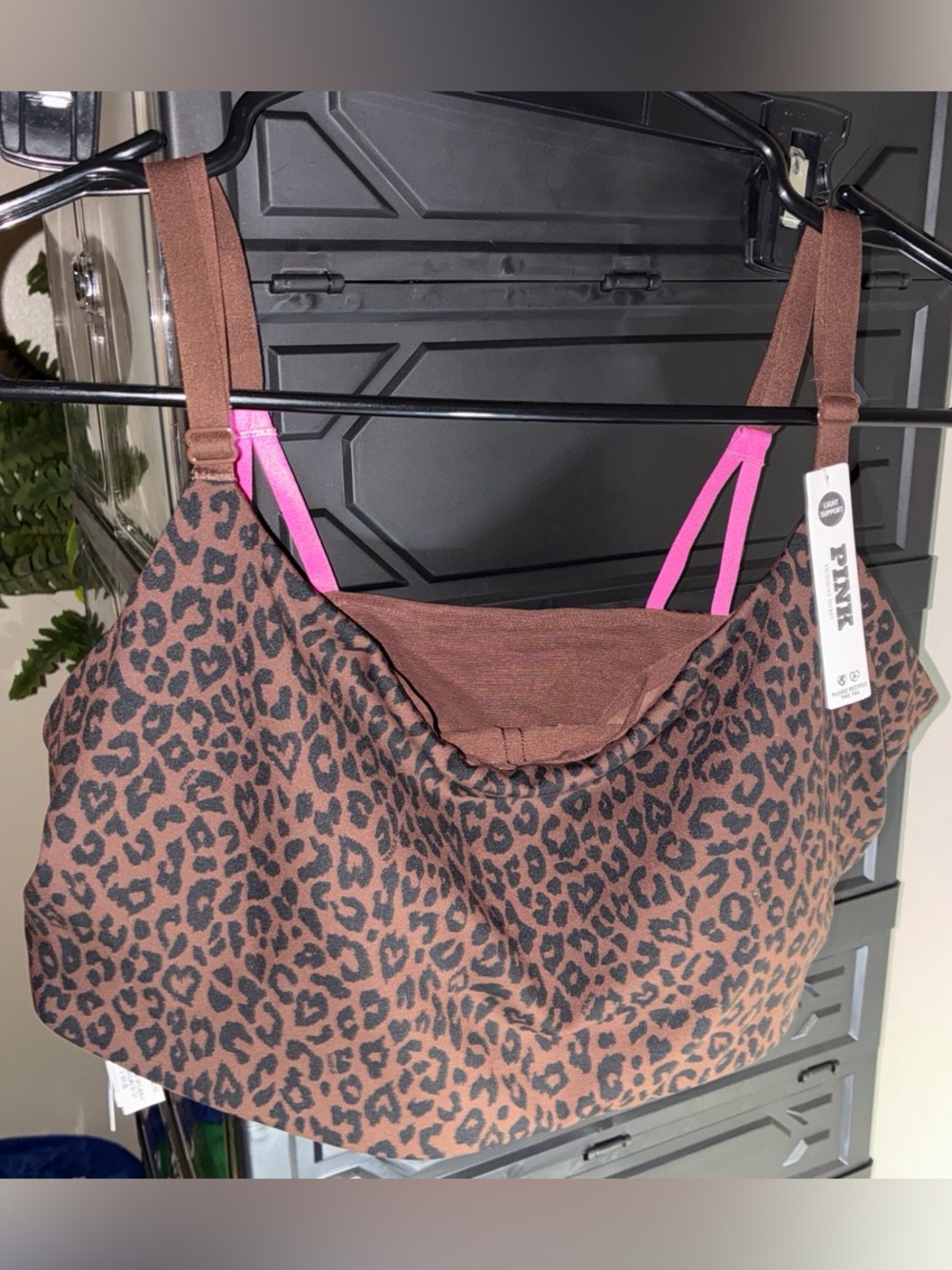 PINK Victoria's Secret Brown Leopard Sports Bra with Hot Pink Straps